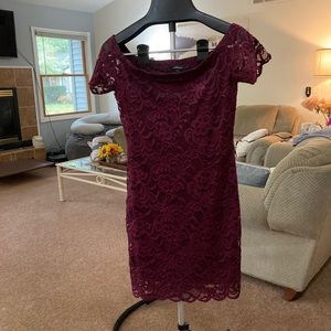 Burgundy lace off shoulder dress